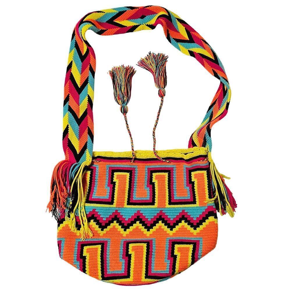 Handmade Rare Bohemian Tribal Bright Tassle‎ Round bottom Bag. Geometric accent